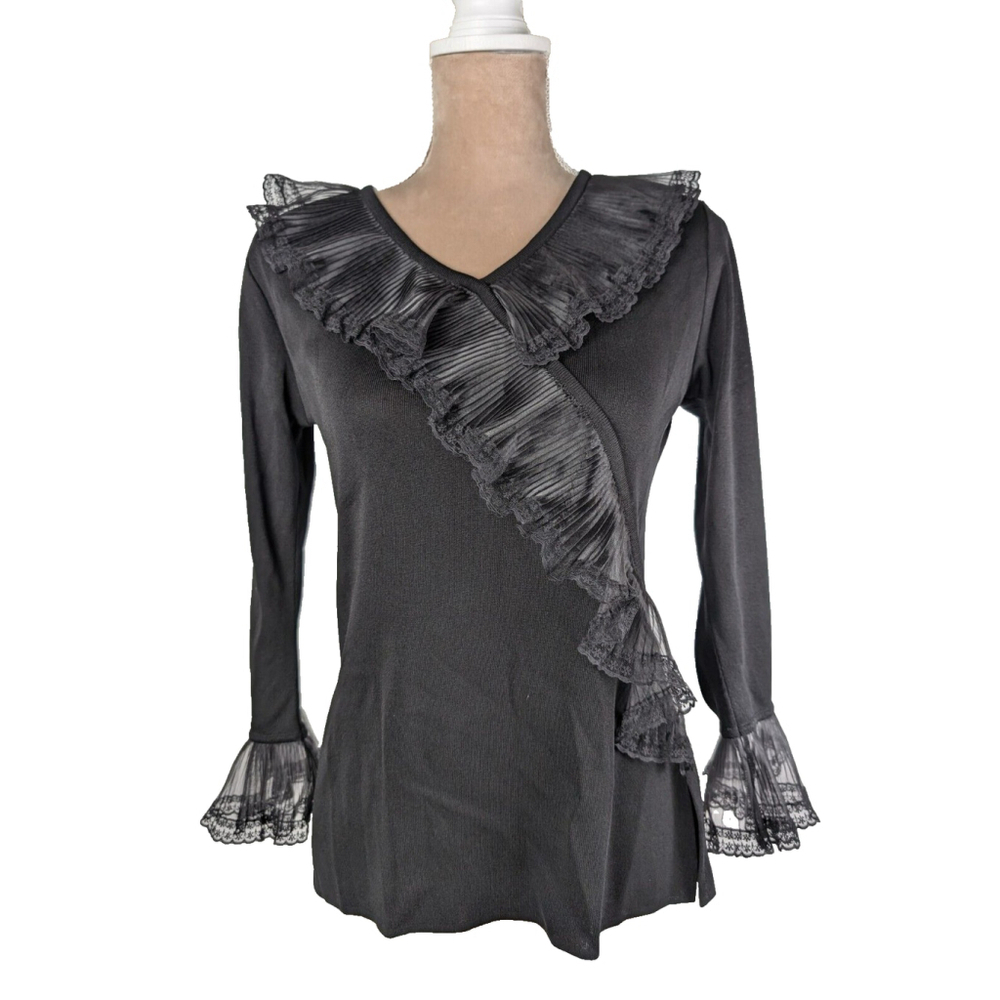 Exclusively Misook Pleated Ruffle Trim Black Faux Wrap Top Goth Grunge XS